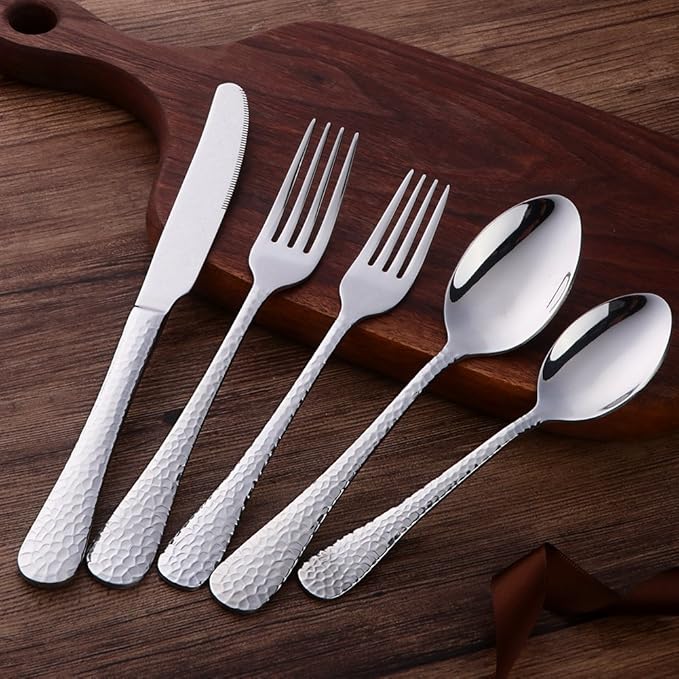 Silverware Set, 5 Piece Premium 18/8 Stainless Steel Hammered Kitchen Utensil Flatware Cutlery Sets of 1, Mirror Polish, Dishwasher Safe (5-Silver)