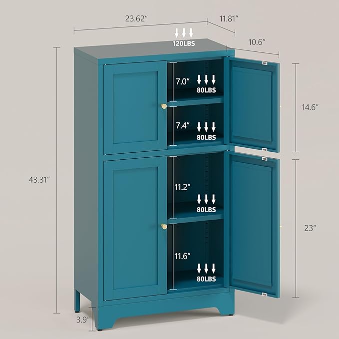 43" H Blue Small Kitchen Pantry Cabinet,Metal White Pantry Cabinets with Doors,Small Storage Cabinets,Food Pantry Cabinet with 4 Doors and Shelves for Kitchen and Dining Room