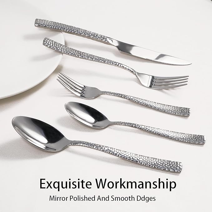 Hammered silverware set, 40 Piece Stainless Steel Flatware Set for 8, Food-Grade Tableware Cutlery Set for Home Restaurant, Mirror Polished, Dishwasher Safe
