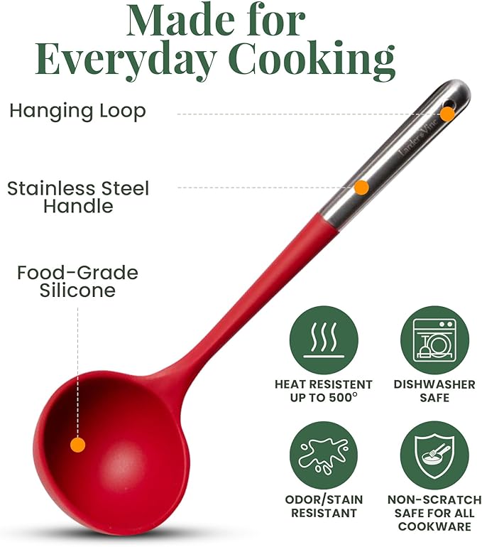 Larder & Vine 12-Piece Silicone Kitchen Cooking Utensils Set with Stainless Steel Handle and Ceramic Holder, Dishwasher Safe Set of Kitchen Essentials (Cabernet)