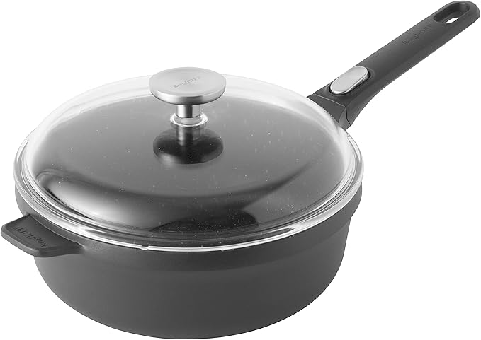 BergHOFF GEM Non-Stick Cast Aluminum Saut챕 Pan 10" 3.4 qt. Stay-Cool, Detachable Handle Glass Lid Ferno-Green, PFOA Free Coating Induction Cooktop Fast Heating Oven Safe