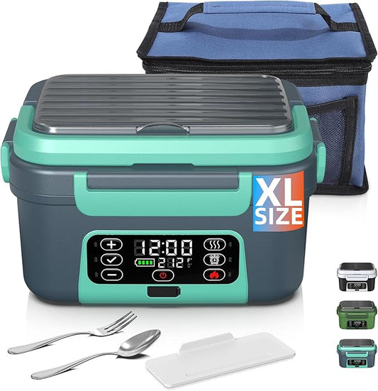 Cordless Electric Heated Lunch Box, XL 6.3Cups 20000mAh Rechargeable Food Warmer Lunch Box with Self Heating, Smart Timer, Adjustable Temperature, Leakproof, BPA Free, Removable Tray Divider