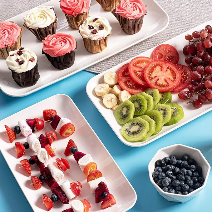 DELLING Large Serving Platter Set 16/14/12inch Large Serving Tray - Rectangular White Serving Trays for Party, Turkey Platter Set of 3, Christmas