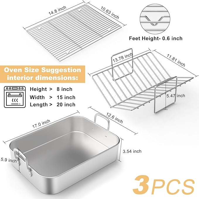 Roasting Pan, EWFEN 17*13 Inch Stainless Steel Turkey Roaster with Rack - Deep Broiling Pan & V-shaped Rack & Flat Rack, Non-toxic & Heavy Duty, Great for Thanksgiving Christmas Roast Chicken Lasagna