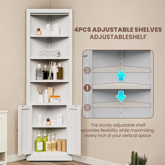 Metal Pantry Storage Cabinet with 4 Adjustable Shelves, 71" Tall Corner Cabinet for Bathroom, Corner Shelf Cabinet for Kitchen, Dining Room, Living Room, Assembly Required(White)