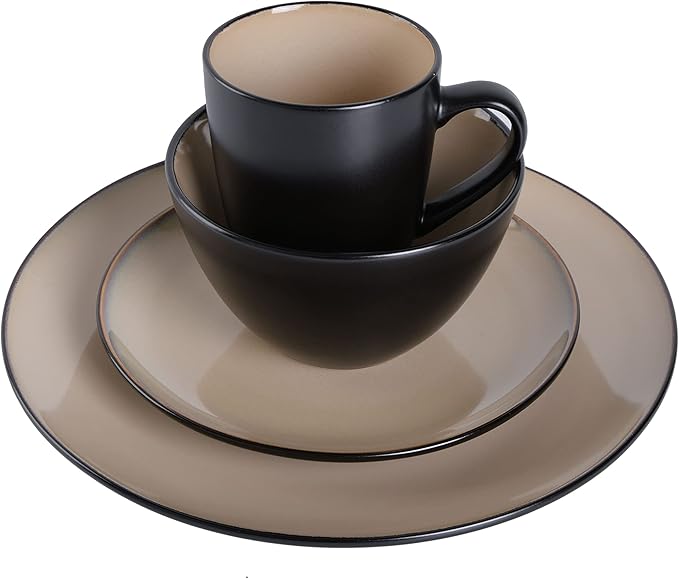 Gibson Elite Soho Lounge 16-Piece Round Reactive Glaze Stoneware Dinnerware Set, Service for 4 ??Taupe Plates and Bowls