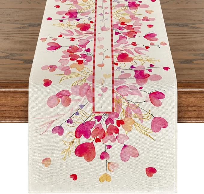 Artoid Mode Red Pink Heart Branch Valentine's Table Runner, Seasonal Leaf Kitchen Dining Table Decoration for Home Party Decor 13x48 Inch