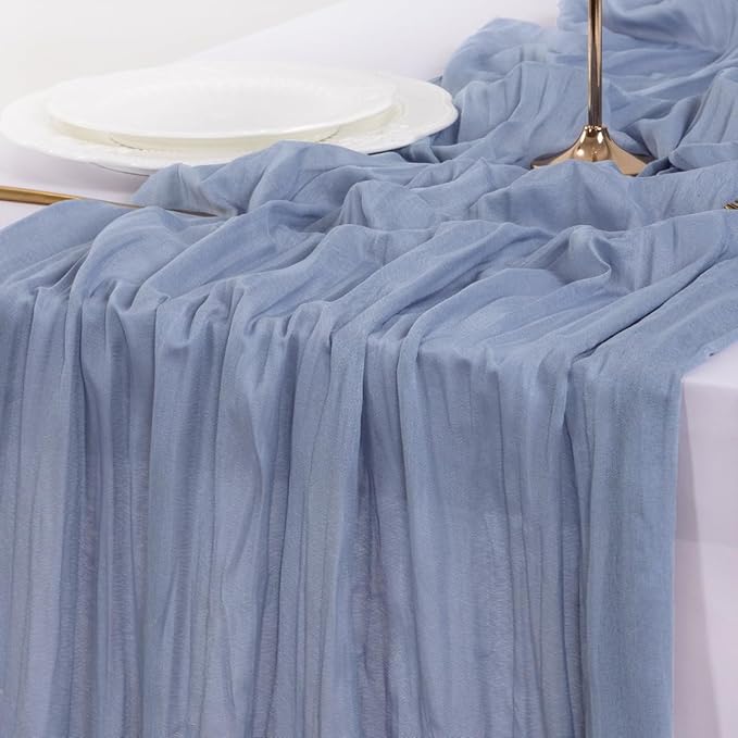 Socomi 15pcs Dusty Blue Valentine's Day Cheesecloth Table Runner Boho Rustic Gauze 120 inch 10FT Cheese Cloth Runner for Wedding Party Baby Shower Birthday Home Decor Holiday Decorations