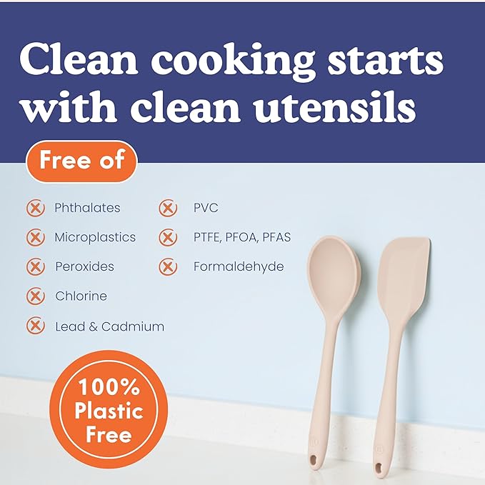 Non-Toxic Platinum Silicone Kitchen Utensil Set of 8 ??Non-Scratch Cooking Spoons & Spatulas, 100% Plastic Free, Stainless Steel Core, Heat Resistant 500째F, Beige