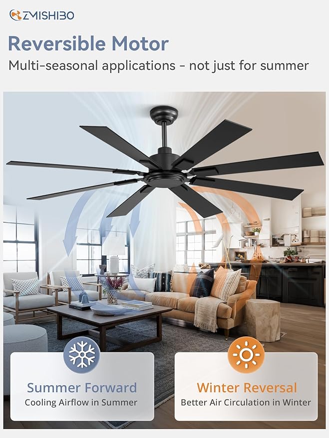 62 Inch Ceiling Fan No Light with Remote Control, 8 Blades Quiet DC Reversible Motor, 6-Speed, Timer, Black Finish, Indoor Outdoor Ceiling Fans for Patios, Living Room, Garage