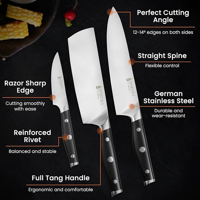 3-Piece Kitchen Knife Set ??Includes 8??Chef Knife, 7??Nakiri, 3.5??Paring ??High Carbon German Stainless Steel Blades, Ergonomic Handle ??Versatile Knife Trio for Chopping, Dicing, and Slicing