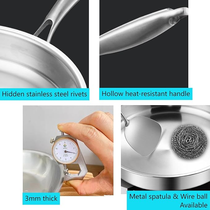 Stainless Steel Frying Pan with 5-Ply stainless steel Professional Cookware Durable Versatile Even Heating Dishwasher SafeSafe (8.5inch)