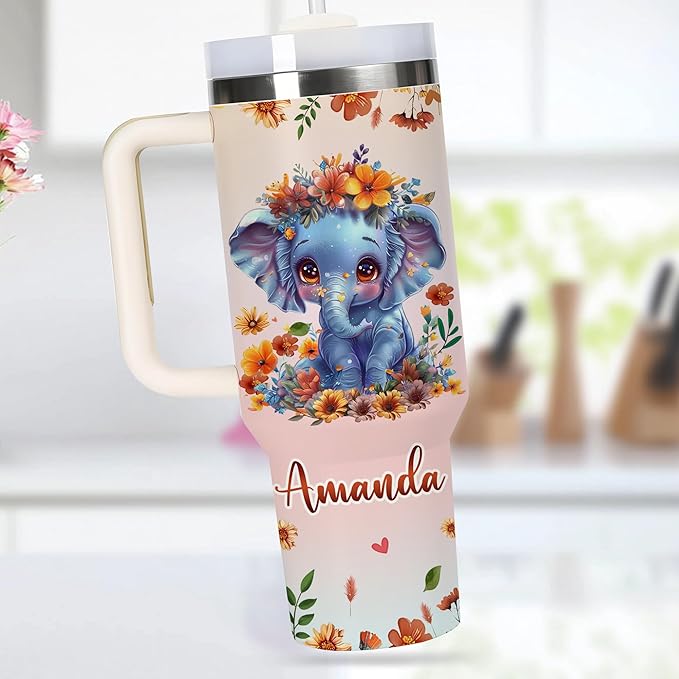 AGGLOMEKC Personalized Cute Elephant Cup - Mother's Day Birthday Gift For Animal Lovers - Just A Girl Who Loves Elephant Tumbler 40oz With Custom Name - Pet Lover Gifts For Women, Her
