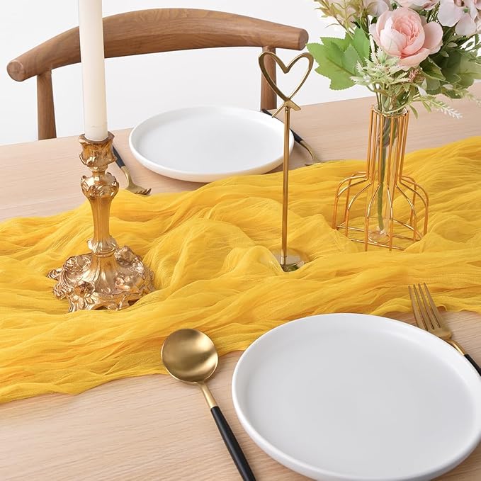 Joanlody Yellow Cheesecloth Table Runner Spring Easter 10Ft Rustic Gauze Boho Cheese Cloth Table Runner for Wedding Bridal Baby Shower Decoration