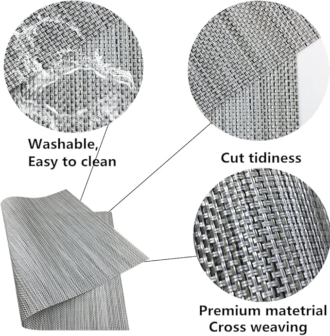 WAZAIGUR Placemats,Easy to Clean Crisscross Woven Vinyl Place Mats Durable Non-Slip Heat Resistant Table Mats,Placemats for Kitchen Table Set of 6,Silver and Black