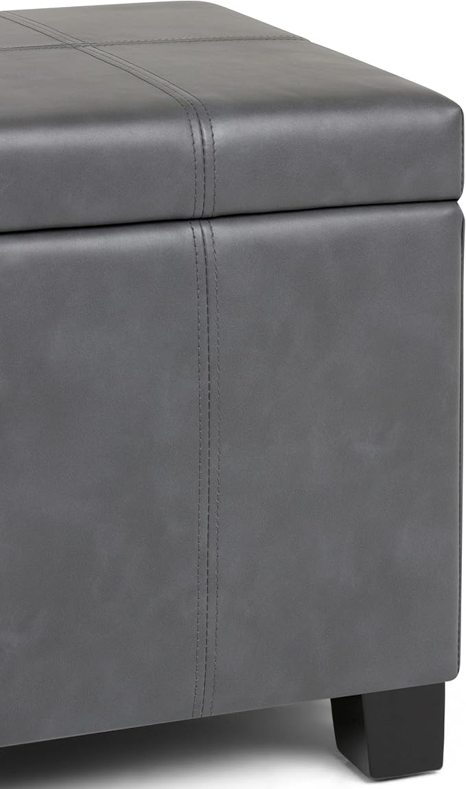 SIMPLIHOME Dover Storage Ottoman Bench - 36 inch Wide Upholstered Vegan Leather Rectangular Lift-Top Ottoman in Stone Grey, Contemporary Bench for Living Room with Safety Hinges