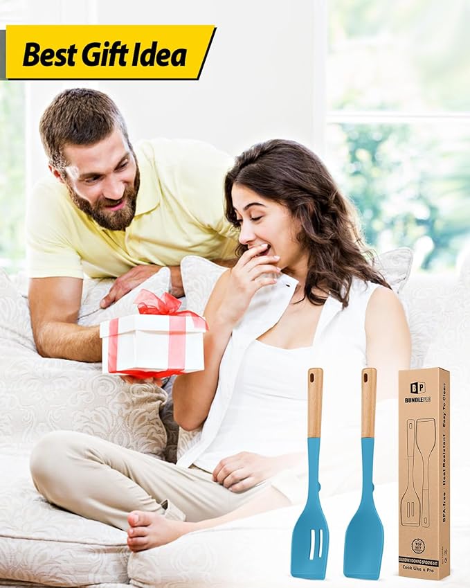 Pack of 2 Large Silicone Cooking Spoons, Heat Resistant Non Stick Kitchen Utensils with Wooden Handle, Ideal for Mixing, Stirring, Serving, Cooking(BLUE)