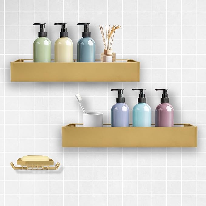Premium Shower Caddy, 3 Pack Gold: Rustproof, Scratchproof, Quick Drainage, Adhesive Shower Storage Rack