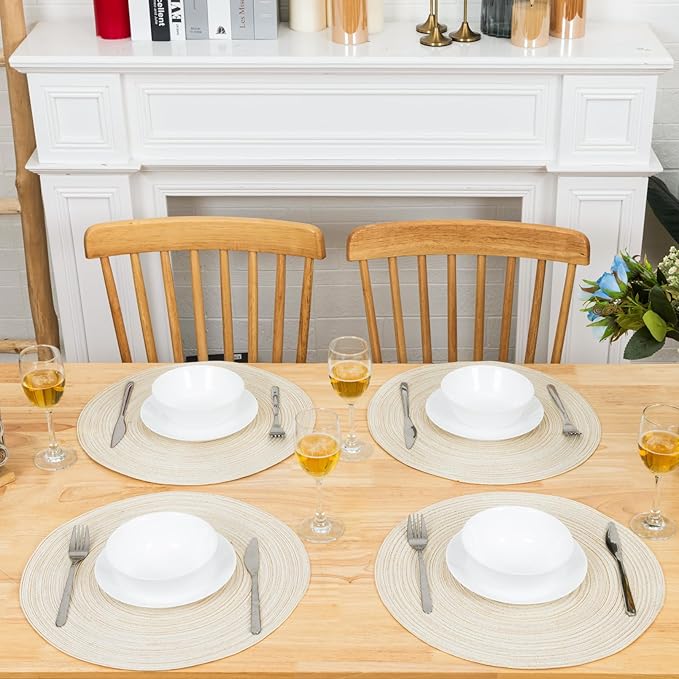 Winknowl Round Braided Placemats Set of 8 Washable Woven Heat Resistant Table Mats for Kitchen Dining Tables 15 inch Round Place Mats (Ivory,8)