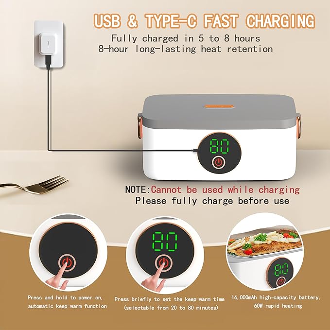 BOKASM Portable Cordless Electric Heated Lunch Box for Adults,Heating Food Warmer Lunch Box,Rechargeable 16000mAh Battery,4.2Cups Capacity Inner Container,Lunchbox for Travel,Outdoor,Picnic,Office