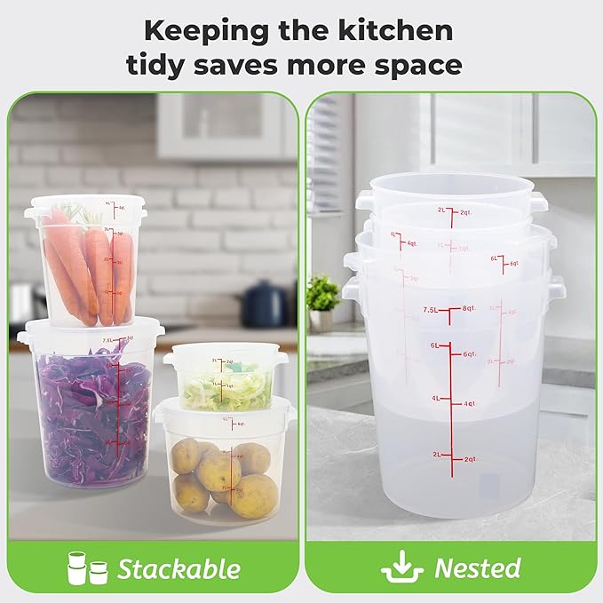 4 Pack Round Food Storage Containers with Lids, 4Qt Translucent Commercial Food Container, Polypropylene, BPA Free, Includes Labels & Measuring Cups