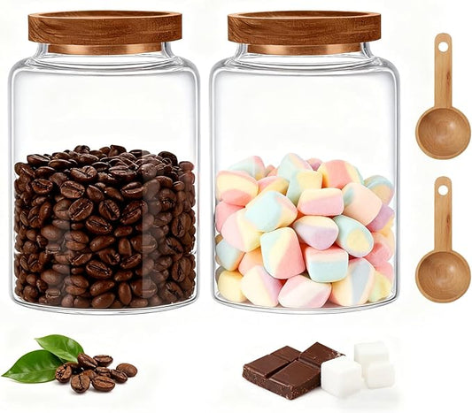 Glass Jar with Spoon Wooden Lid Clear Coffee Ground Containers Set Borosilicate Glass Kitchen Storage Canister for Sugar Espresso Spice Beans Nut Pasta Candy Tea (1200ml(40oz)-with spoon (2pack))