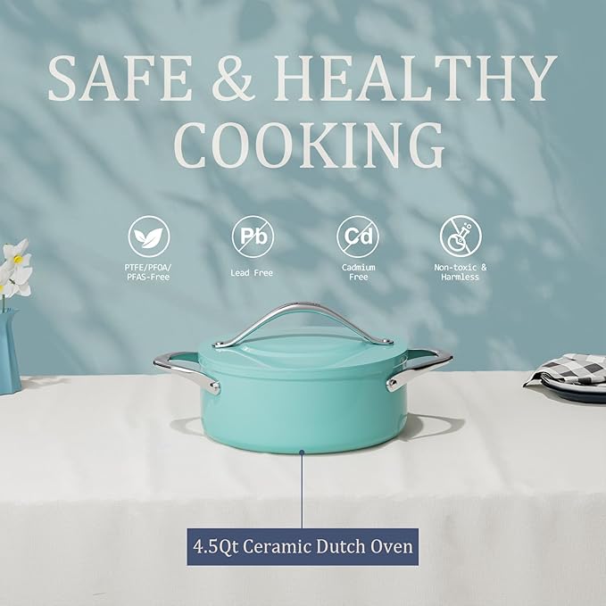 Stock Pot 4.5qt Dutch Oven with Lid (9.5"x 4") Nonstick Ceramic Coated Non-Toxic PFAS-Free Even Heat Distribution for Braising, Baking Bread & Soups, Compatible for All Cooktops(Induction/Gas/Electric) Oven Safe to 500째F (Caribbean Blue)