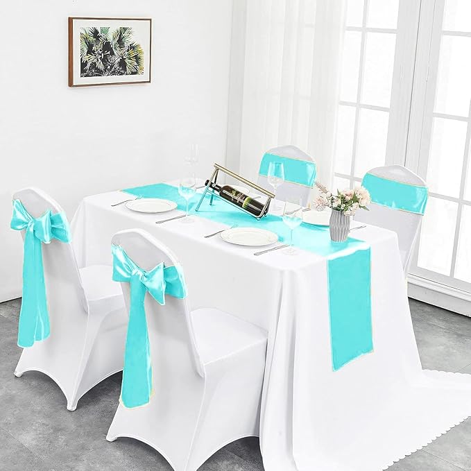 4-Pack Turquoise Satin Table Runner 12 x 108 Inch Long Bright and Smooth Silk Fabric Table Runner for Wedding Banquet Birthday Party Decoration
