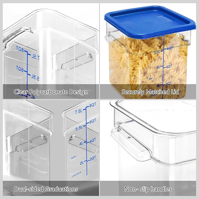 4 Pack Food Storage Containers with Blue Lids, 8.0 Qt - Square, Clear, Polycarbonate, for Restaurant Commercial Kitchen and Home party