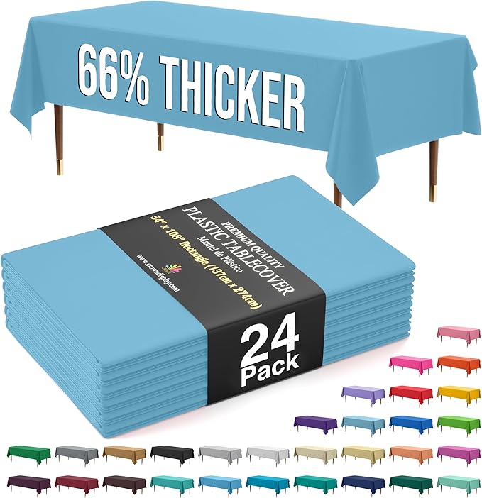 Exquisite 66% Thicker Premium Plastic Table Cloth Rectangle Table Cover 0.5 Mil 24 Pack Sky Blue Table Cloth 54 Inch x 108 Inch Disposable Tablecloth Won't Tear Easily Like Cheap Thin Brands