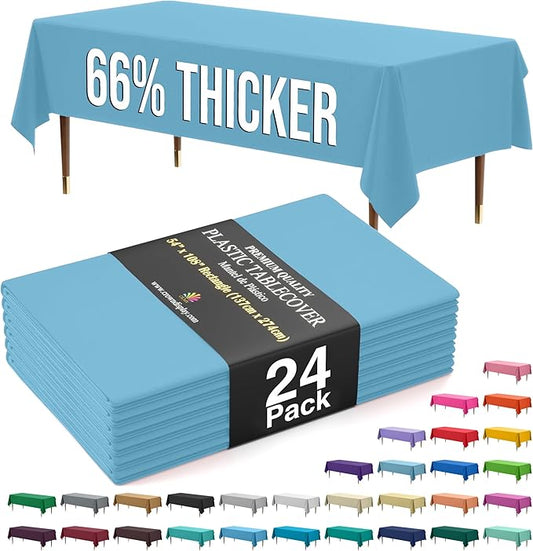 Exquisite 66% Thicker Premium Plastic Table Cloth Rectangle Table Cover 0.5 Mil 24 Pack Sky Blue Table Cloth 54 Inch x 108 Inch Disposable Tablecloth Won't Tear Easily Like Cheap Thin Brands
