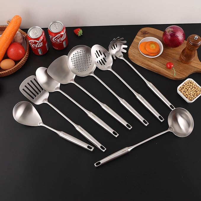 18/10 Stainless Steel Kitchen Utensils Set - 15??All Metal Cooking Tools & Serving Utensils, 8 PCS - Solid Spoon, Slotted Spoon, Spatula, Ladle, Skimmer, Tunner, Spaghetti Spoon, Large Spoon Set