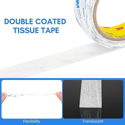 3M Double Sided Tape 2"횞32.8Ft 1 Pack 9448A Double Coated Tissue Tape Adhesive Sticky Tape Translucent Removable for Foam Art Craft Nameplate Bonding