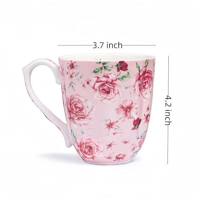 14oz Bone China Coffee Mugs for Women Floral Coffee Mug Tea Cups Novetly Coffee Cups Gift for Women Mom Friends (Pink rose)