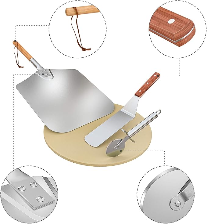 Onlyfire Round Pizza Stone Set for Oven and Grill, Pizza Grilling Tool Kit Including Baking Stone, Pizza Peel, Pizza Shovel and Cutter, Ideal for Baking Crisp Crust Pizza, Bread and More