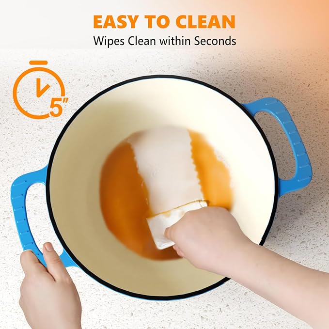ROVSUN Enameled Cast Iron Round Dutch Oven, 6QT Pot with Lid &Dual Handles with Silicone Gloves,Oven Safe up to 500째F, Heavy-Duty Pre-Seasoned Cookware for Bread Baking, Braising, Stews, Roasting, Blue