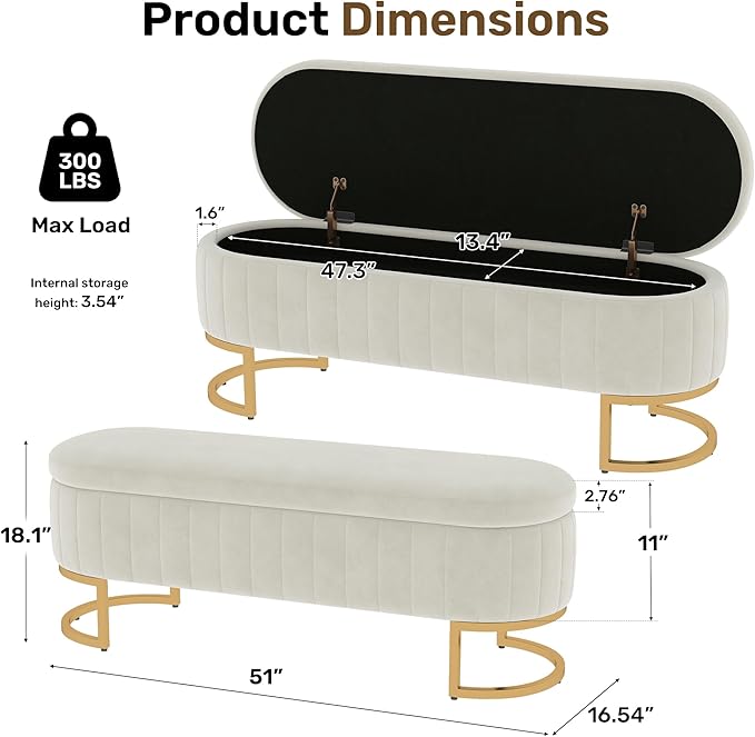 VIROL 51 Inch Storage Ottoman Bench Velvet End of Bed Storage Bench King Size Upholstered Tufted Bench Large Space for Bedroom Living Room Entryway Beige