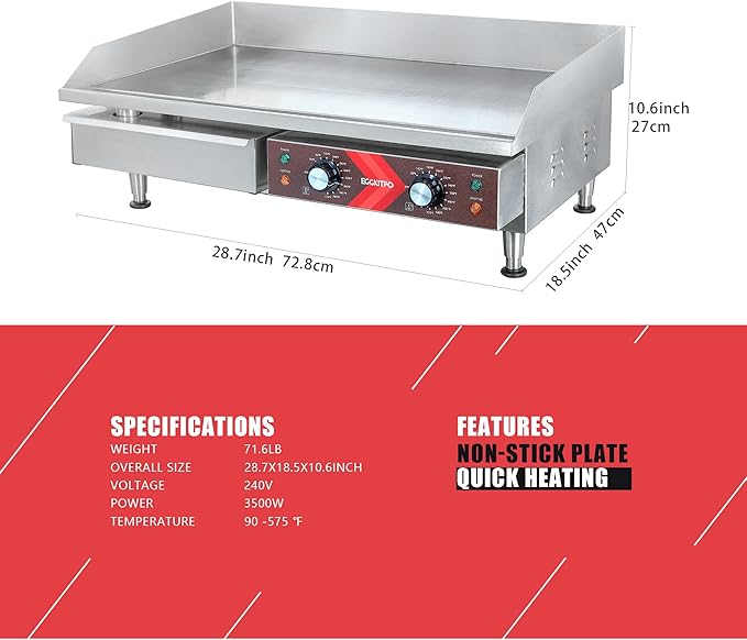 EGGKITPO Commercial Electric Griddle 29 Inch Large Countertop Griddle Non-Stick Flat Top Grill Stainless Steel Teppanyaki Griddle with Adjustable Temperature 90??575??for Restaurant Use 240V 3500W