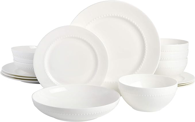 Gibson Elite Embossed Bone China 16-Piece Double Bowl Dinnerware Set, Service for 4 ??White Elegant Plates and Bowls