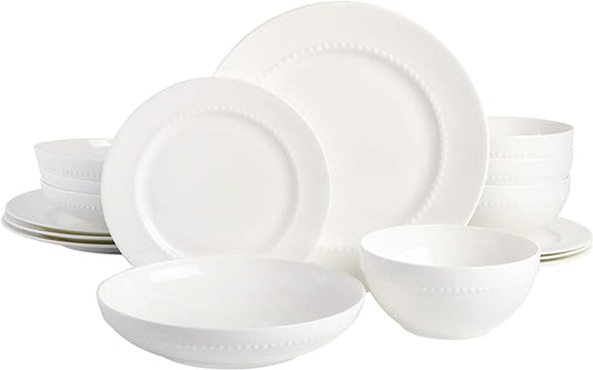 Gibson Elite Embossed Bone China 16-Piece Double Bowl Dinnerware Set, Service for 4 ??White Elegant Plates and Bowls