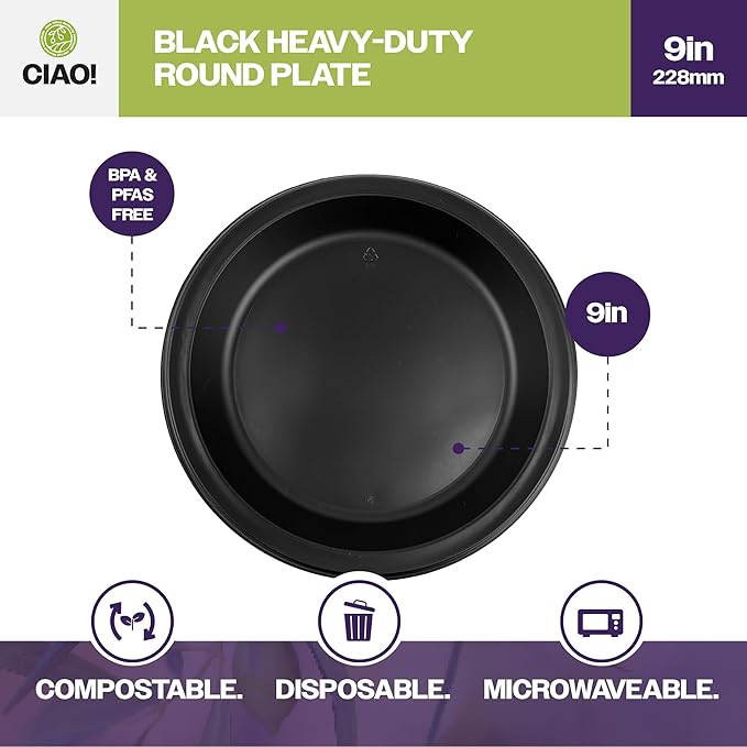 CIAO! 9" Black Heavy Weight Plastic Plate Mineral Filled Polypropylene MFPP (Case of 400)