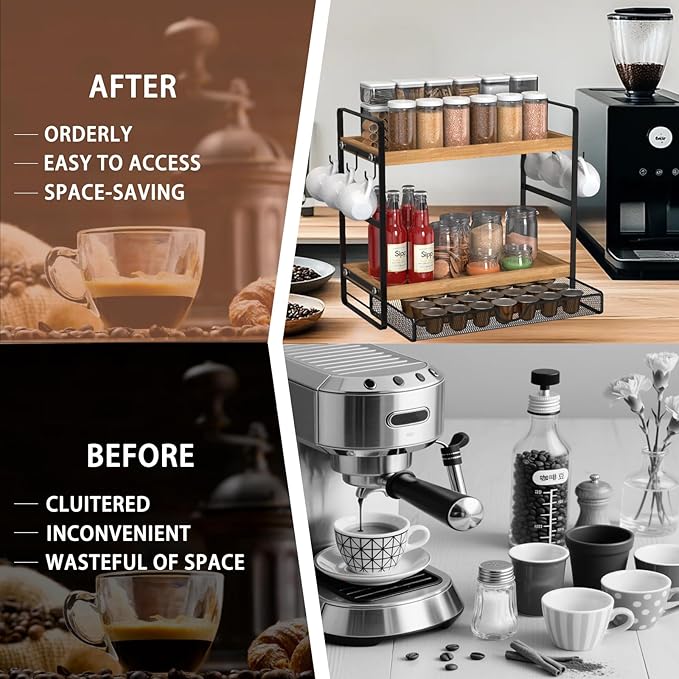 LEMIKKLE 2-Tier Wood Coffee Station Organizer with Pod Holder and Drawer, Kitchen Countertop Organizer, Coffee Bar Accessories Station with Coffee Pod Storage, Coffee Organizer