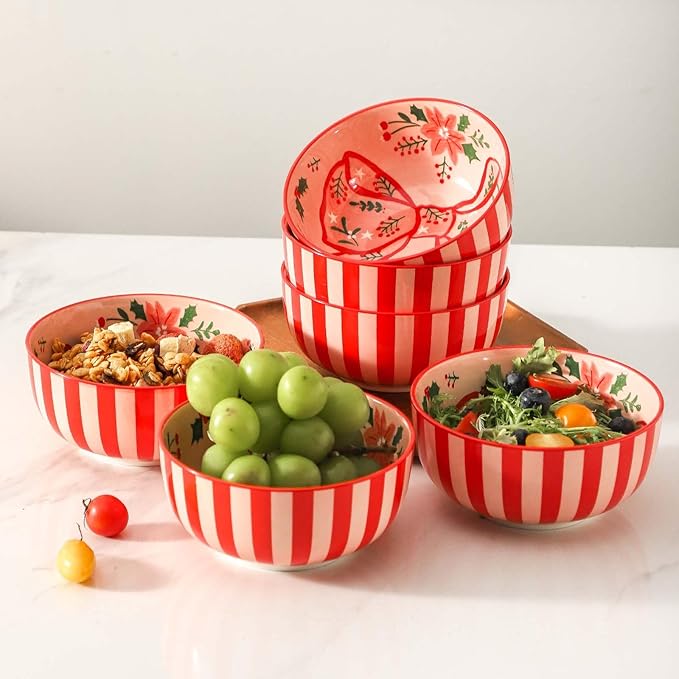 glowworm Cereal Bowls Set of 6, 26 Oz Ceramic Soup Bowls, Cereal Bowls for Rice, Oatmeal, Fruit, Ice Cream, Dessert, Dishwasher & Microwave safe, Pink