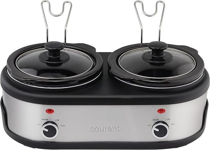 Courant 3.2-Quart Double Slow Cooker(1.6-Qt each) w/Warm Settings, Stainproof Stoneware Pots and Glass Lids ??StainlessSteel