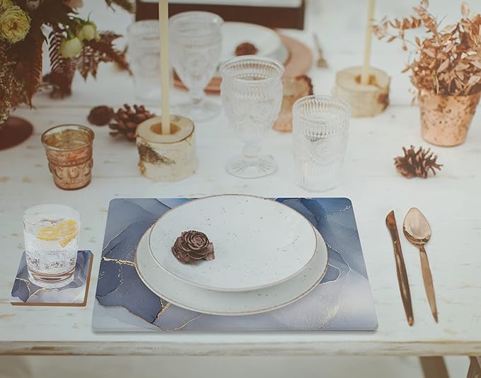 Moderry Set of 4 Heat Resistant Cork Placemats for Dining Table with Free Set of 4 Matching Drink Coasters Marble Design 16 x 12 Inches Cork Backed Hard Placemats (Blue & Gold)