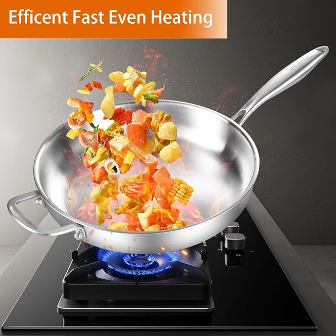 DELARLO Tri-Ply Stainless Steel Pan with Lid 12inch訝쭯ompatible with All Cooktops Up to 600?됦릅Stainless Steel Skillet 12 inch訝쭴eavy Duty訝쭲rying Pan with Lid訝?8/10 Large Cooking Surface