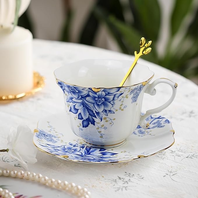 TATSUMI Country Roses 18 Peices Bone China Tea Cup And Saucer Set, English Vintage Tea Cups Of 6 For Women And Tea Party Sets(Rose Blue,6 Sets)