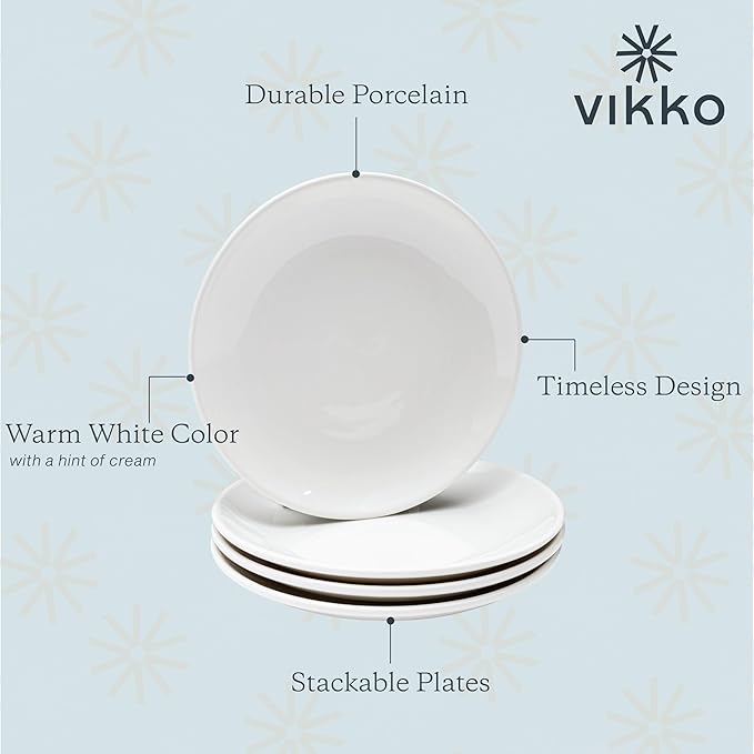 Vikko Appetizer Plates, Set of 4 White Ceramic Plates, Salad Plates Set, Stackable 8 Inch Round Plates, Dishwasher Safe, Bead and Butter Plates, Durable Plates for All Occasions