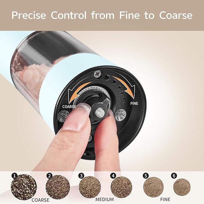 Gravity Electric Salt and Pepper Grinder Set with USB-C Charging Base,Rechargeable Automatic Stainless Steel Pepper Mill Grinder with LED Light, 2pack+Peach Orange (Morning Haze+Petal Pink)