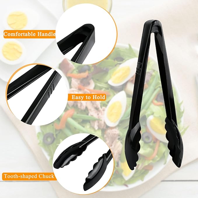 30 Pcs Black Plastic Serving Tongs, 8.5 Inch, Heavy Duty Reusable, Ideal for Buffets, BBQ, Weddings, Catering, Party